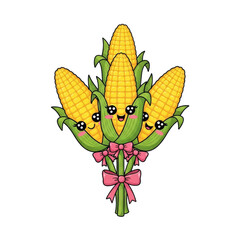 Fototapeta premium Charming kawaii style bouquet of four ripe yellow corn cobs adorned with cute smiling faces and rosy cheeks tied together with a delicate pink ribbon