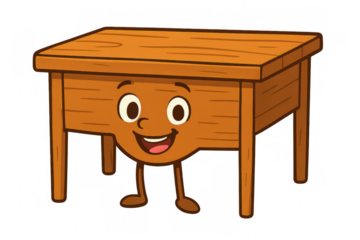 Wooden table cartoon character smiling, representing furniture, education, learning, or business concepts with fun