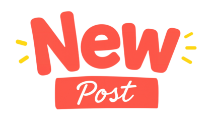 Eye-catching digital illustration announcing 'New Post' in playful lettering with coral tones and golden accents