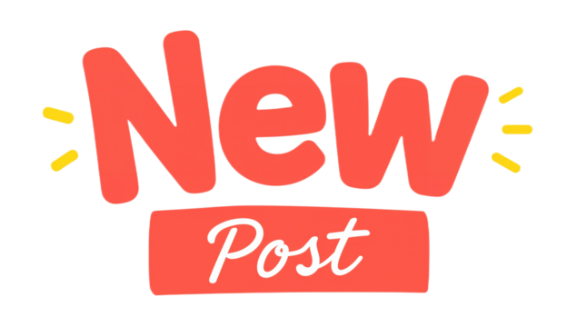 Eye-catching digital illustration announcing 'New Post' in playful lettering with coral tones and golden accents