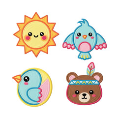 Charming Kawaii Style Illustrations Featuring a Smiling Sun a Blue Bird with Wings Spread a Circular Bird Design and a Cute Bear Head Adorned with a