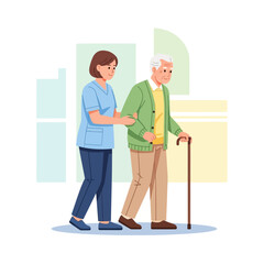 Fototapeta premium Elderly man assisted by a caregiver with a cane, walking together indoors.