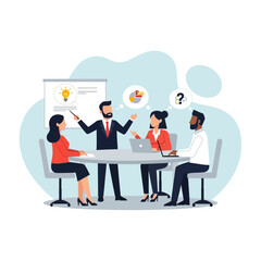 Business meeting with diverse team discussing ideas and strategy in a modern office setting.