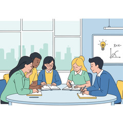 Group of students studying together at a round table, discussing and taking notes in a classroom.