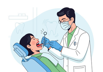 A male dentist in a mask and gloves examining a female patient's teeth in a dental chair with tools.