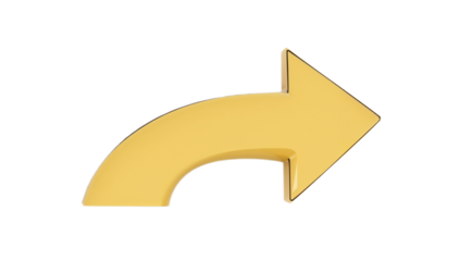 3D illustration of a glossy golden arrow, curved and pointing right. This isolated graphic symbolizes forward direction, next action, or sharing, ideal for modern digital interfaces and web design