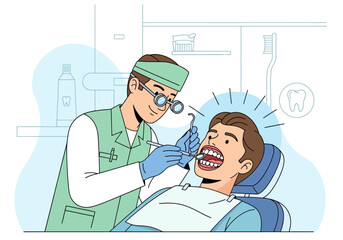 A male dentist in uniform examining a patient's open mouth with dental tools in a clinic.