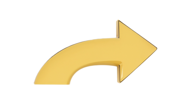 3D illustration of a glossy golden arrow, curved and pointing right. This isolated graphic symbolizes forward direction, next action, or sharing, ideal for modern digital interfaces and web design