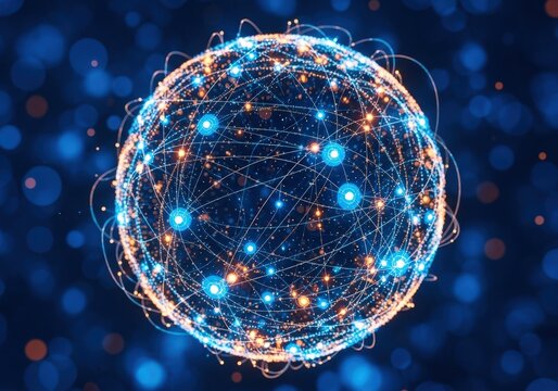 Abstract sphere of connected lines and glowing dots against a dark blue background