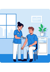 A nurse administering a vaccine or injection to a male patient in a clinic setting.