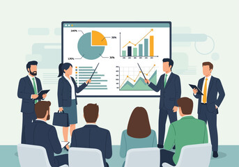 Business professionals presenting financial data and growth charts during a corporate meeting.