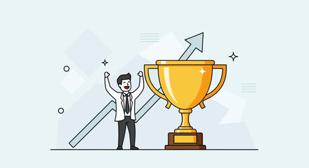 A happy businessman celebrating success and achievement next to a golden trophy with an upward trend arrow.