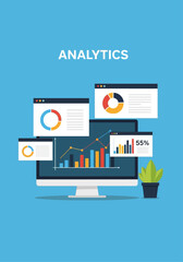 Digital analytics concept with various data visualizations on a computer screen and floating windows, illustrating business intelligence and data analysis.