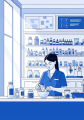 Female pharmacist mixing ingredients in a modern pharmacy or laboratory setting, surrounded by medical supplies.