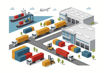 Isometric illustration of a logistics hub with warehouses, trucks, cargo ships, and containers representing global supply chain management.