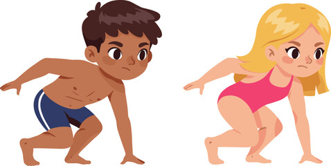 Two cartoon children preparing to race, athletic stance, swimwear, focused expressions, motion, energy, competition, outdoor activity, dynamic pose, white background