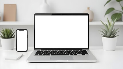 Fototapeta premium Modern workspace setup with a laptop and smartphone on a desk with plants and shelving
