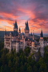 Majestic fairytale castle surrounded by forest at sunset with dramatic colorful sky, representing fantasy architecture, romance, history, and magical travel destination in Europe’s scenic landscape