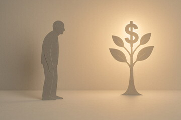Retirement Savings, Senior Paper Figure Looking at Glowing Money Tree, Long-Term Investment and Pension Fund Growth, Financial Planning for the Future