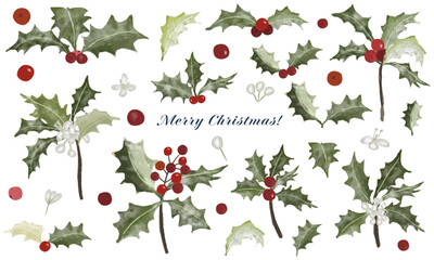 手描き水彩風クリスマスホーリー＆ベリーのエレガントな装飾パーツ・フレーム素材セット