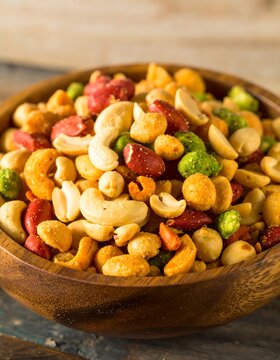 Nuts snack mix in wooden bowl