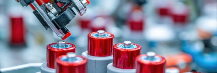 Advanced Robotic Arm Assembling Red Battery Cells in a High-Tech Manufacturing Facility During the Day