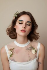 Dreamy portrait of a young woman with soft pastel makeup, delicate green eyebrows, and floral decorations on her face and hair, symbolizing natural beauty, freshness, and artistic elegance in minimali