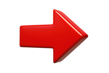 Red glossy 3d arrow pointing right, indicating direction, next step, success, forward movement, or navigation symbol
