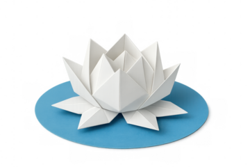 White origami lotus flower floating on blue surface, representing purity, tranquility, and spirituality, transparent background