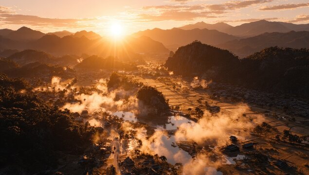 Golden sunrise illuminates misty mountain valley with a village.