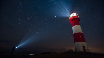 Dramatic night scene featuring a tall red-and-white lighthouse casting a powerful guiding beam across a star-filled sky, with a silhouetted figure shining a flashlight toward the tower, creating an at