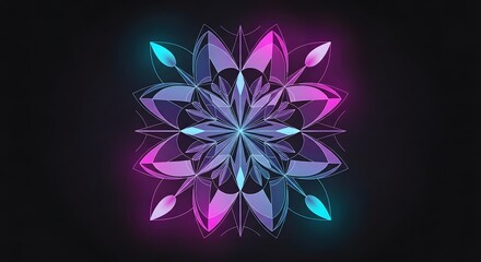 Symmetrical abstract geometric crystal flower with neon pink and blue light effects on a dark background