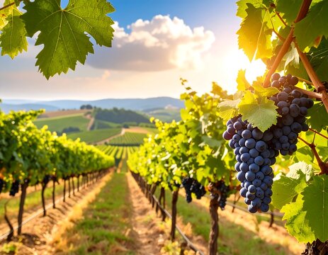 Ripe grapes on the vine in a sunlit vineyard - Powered by Adobe