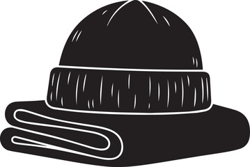 Black knit beanie hat folded over a blanket or scarf with white outline details vector