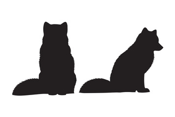 Black silhouette of two arctic foxes sitting facing different directions on a white background animal