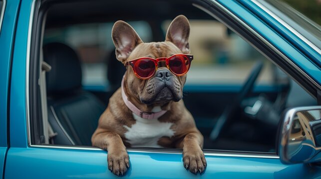 Playful portrait of a stylish French bulldog wearing bold red round sunglasses while leaning out of a blue car window, capturing a humorous and charming moment that blends personality, travel energy, 