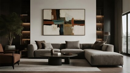 Obraz premium Modern living room with sectional sofa, abstract artwork, and minimalist decor