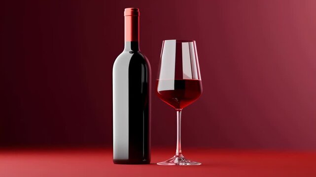 Bottle of red wine and glass of deep ruby wine on red surface with gradient burgundy background in soft light, highlighting elegant minimalism. Concept of luxury wine and premium aesthetics
