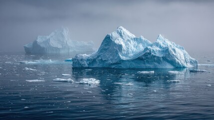 Fototapeta premium Icebergs float peacefully on a calm, dark sea under a hazy, overcast sky, creating a serene scene