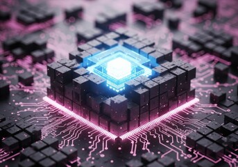 Abstract digital circuit board with glowing processor and data streams