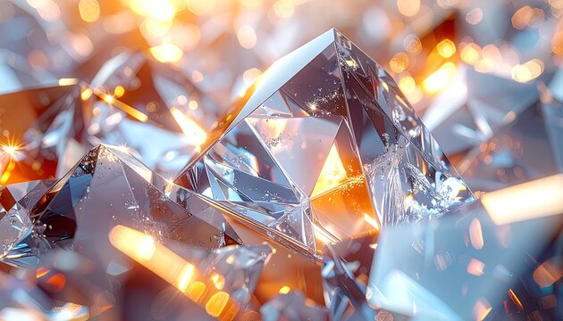 Close-up of glittering, clear crystal formations, with bokeh effect