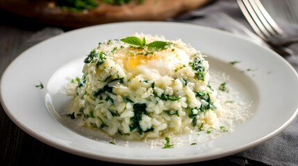 Homemade Creamy Spinach Risotto Served Hot on White Plate