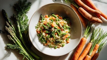 Healthy Italian Vegetarian Risotto with Colorful Vegetables and Bright Composition