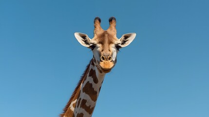 Fototapeta premium Charming close-up portrait of a giraffe standing tall against a clear blue sky, highlighting its expressive face, distinctive patterns, long elegant neck, and the gentle wildlife character that embodi