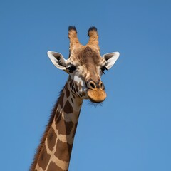 Obraz premium Charming close-up portrait of a giraffe standing tall against a clear blue sky, highlighting its expressive face, distinctive patterns, long elegant neck, and the gentle wildlife character that embodi