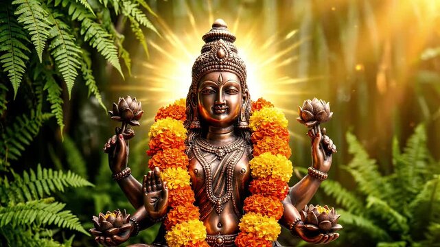 Ornate Bronze Sculpture of a Multi-Armed Deity Adorned with Vibrant Marigold Garlands Amidst Lush Green Ferns Illuminated by Golden Sunlight