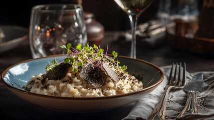 Premium Black Truffle Risotto in Moody Lighting Perfect for Luxury Cuisine Photography