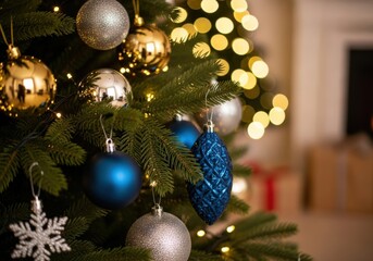 Christmas tree decorated with ornaments and lights, festive holiday season