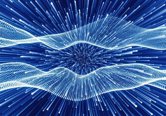 Abstract digital waves with glowing particles and light streaks on a blue background