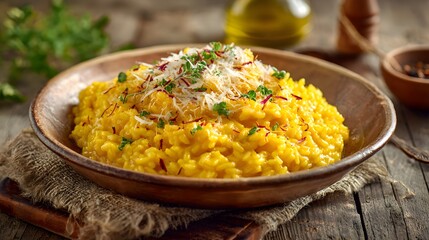 Traditional Risotto alla Milanese with Saffron and Parmesan on Rustic Wooden Table